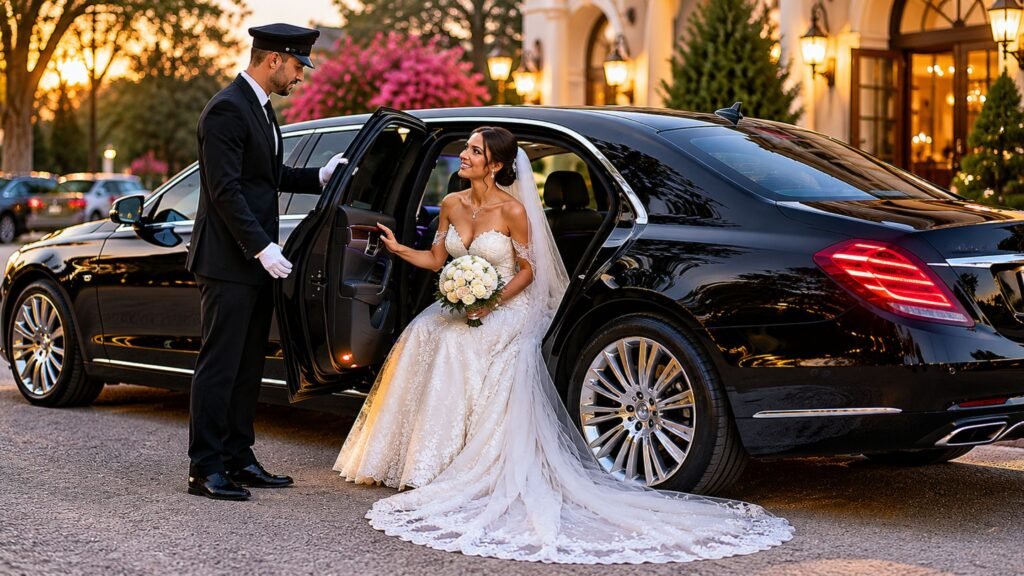 Wedding limo Long Island with luxury black vehicle for bridal party transportation