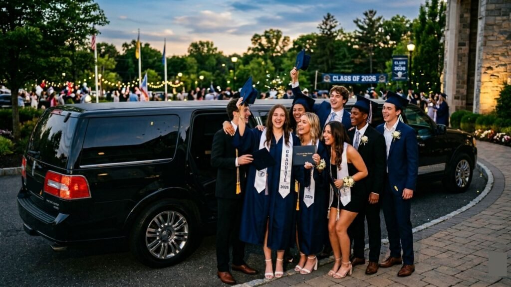Graduation Limo Long Island 2026 luxury transportation with limousine and group celebration for Long Island graduates