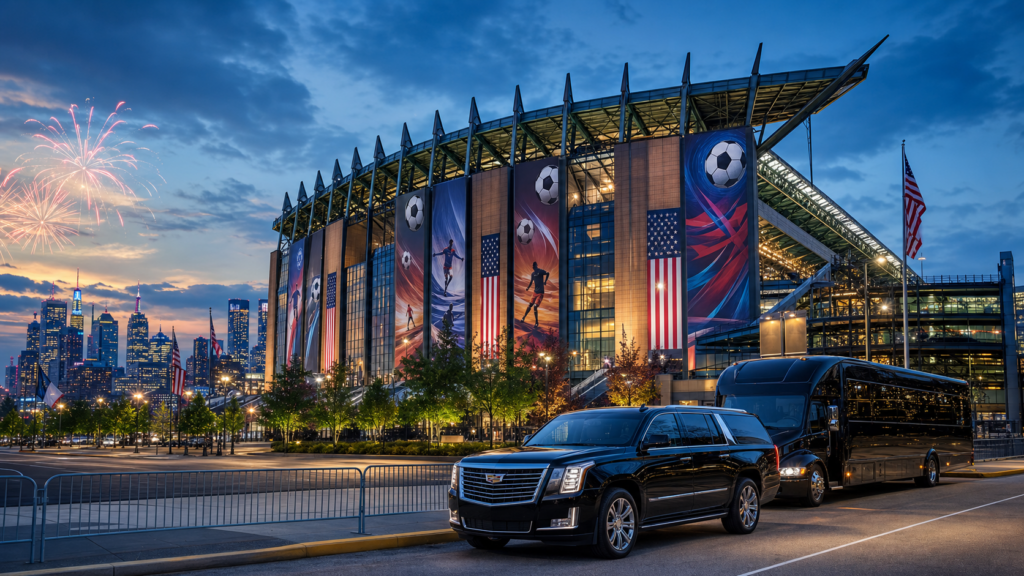 Long Island limo bus arriving at Lincoln Financial Field for FIFA World Cup 2026 Philadelphia match