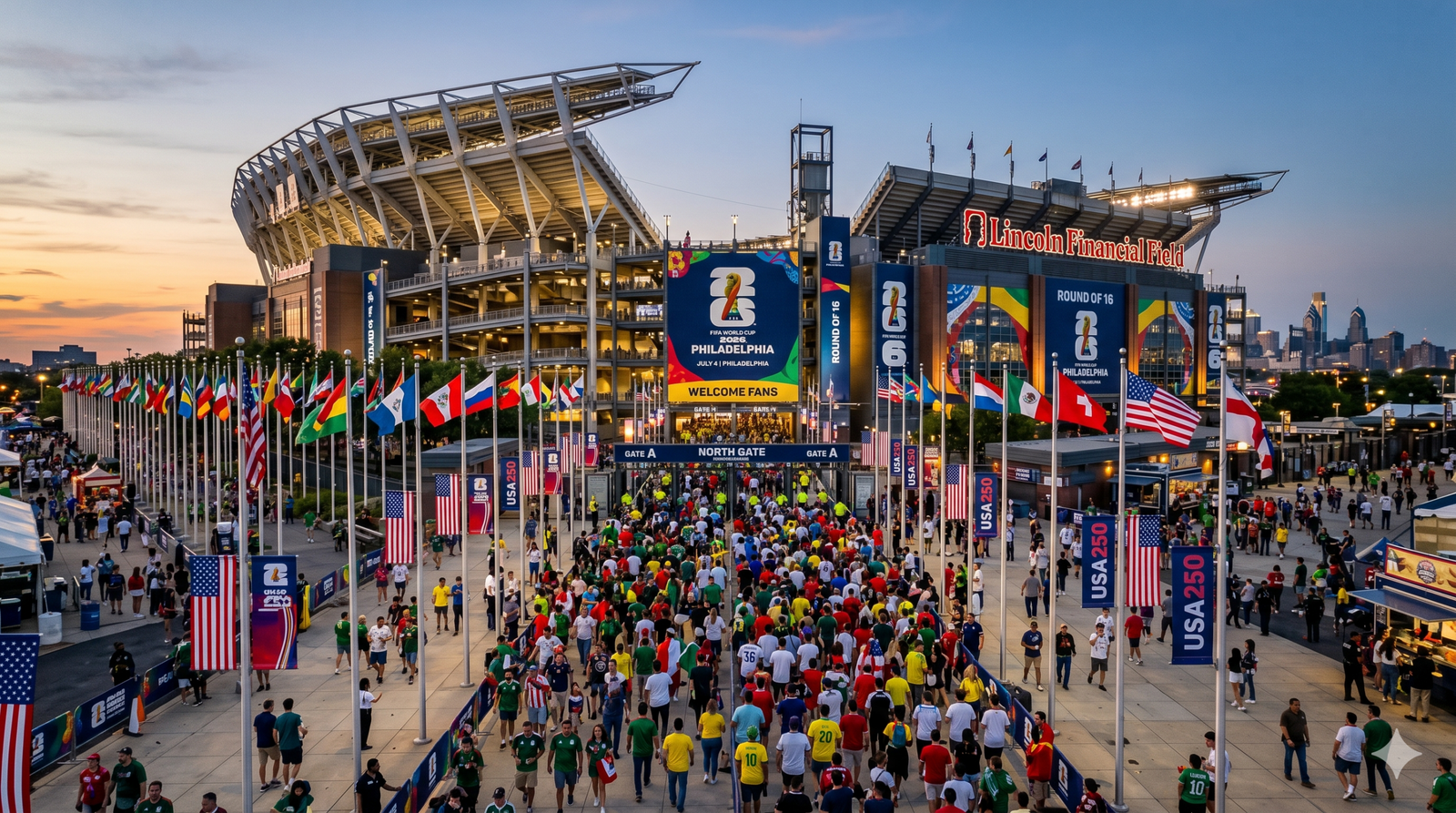Lincoln Financial Field stadium exterior with FIFA branding on a USA250 backdrop