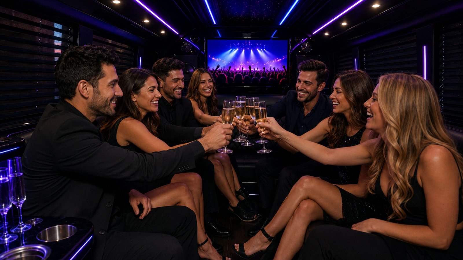 Jones Beach Concert Limo Service: Your Complete 2026 Northwell At Jones Beach Theater Guide 5 Group toasting inside the limo before a Jones Beach concert