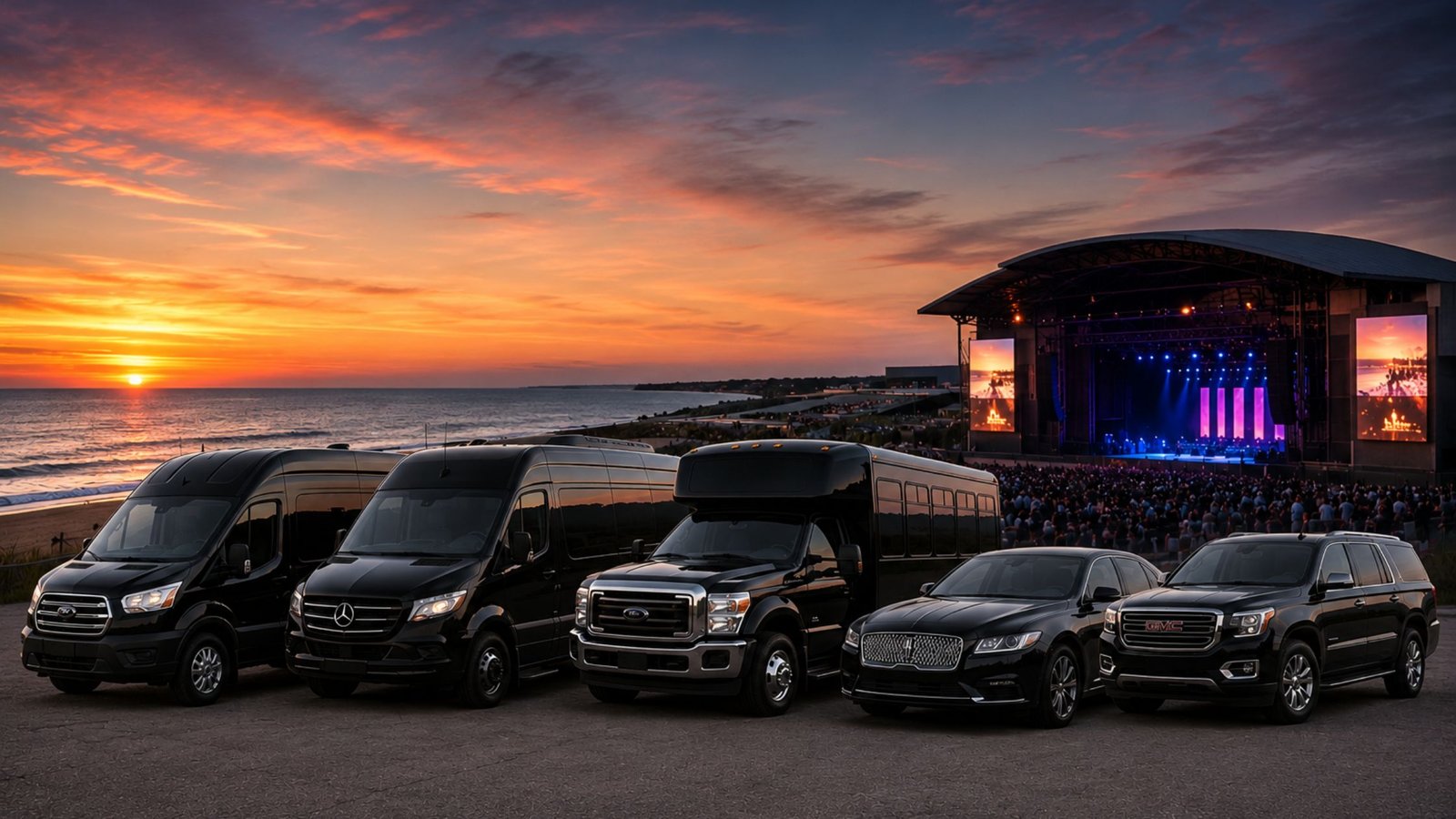 Jones Beach Concert Limo Service: Your Complete 2026 Northwell At Jones Beach Theater Guide 1 Stretch limo dropping off guests at Jones Beach Theater concert entrance at dusk