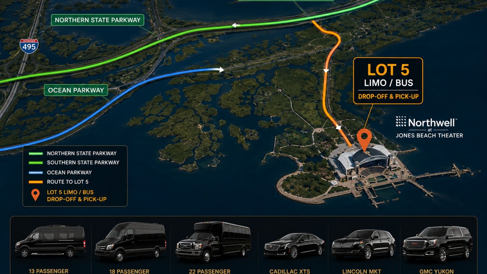 Jones Beach Concert Limo Service: Your Complete 2026 Northwell At Jones Beach Theater Guide 4 Map graphic showing parkway routes and Lot 5 drop-off at Jones Beach