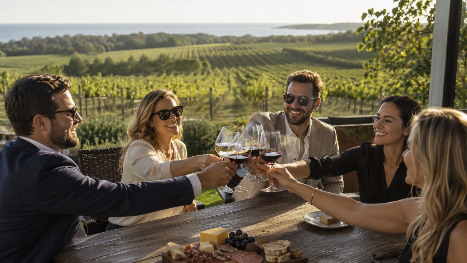 North Fork Wine Tour Limo: The Ultimate 2026 Long Island Vineyard Guide 2 Group toasting glasses on a winery deck overlooking the vineyard