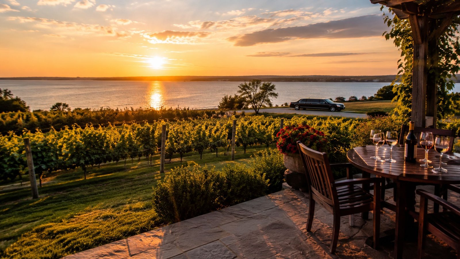 North Fork Wine Tour Limo: The Ultimate 2026 Long Island Vineyard Guide 5 Waterfront vineyard finish (Greenport/Southold) at golden hour