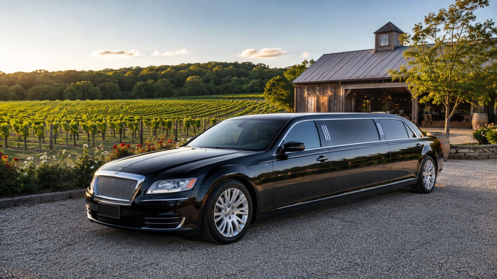 North Fork Wine Tour Limo: The Ultimate 2026 Long Island Vineyard Guide 1 Luxury limo / party bus parked at a North Fork vineyard with vines behind