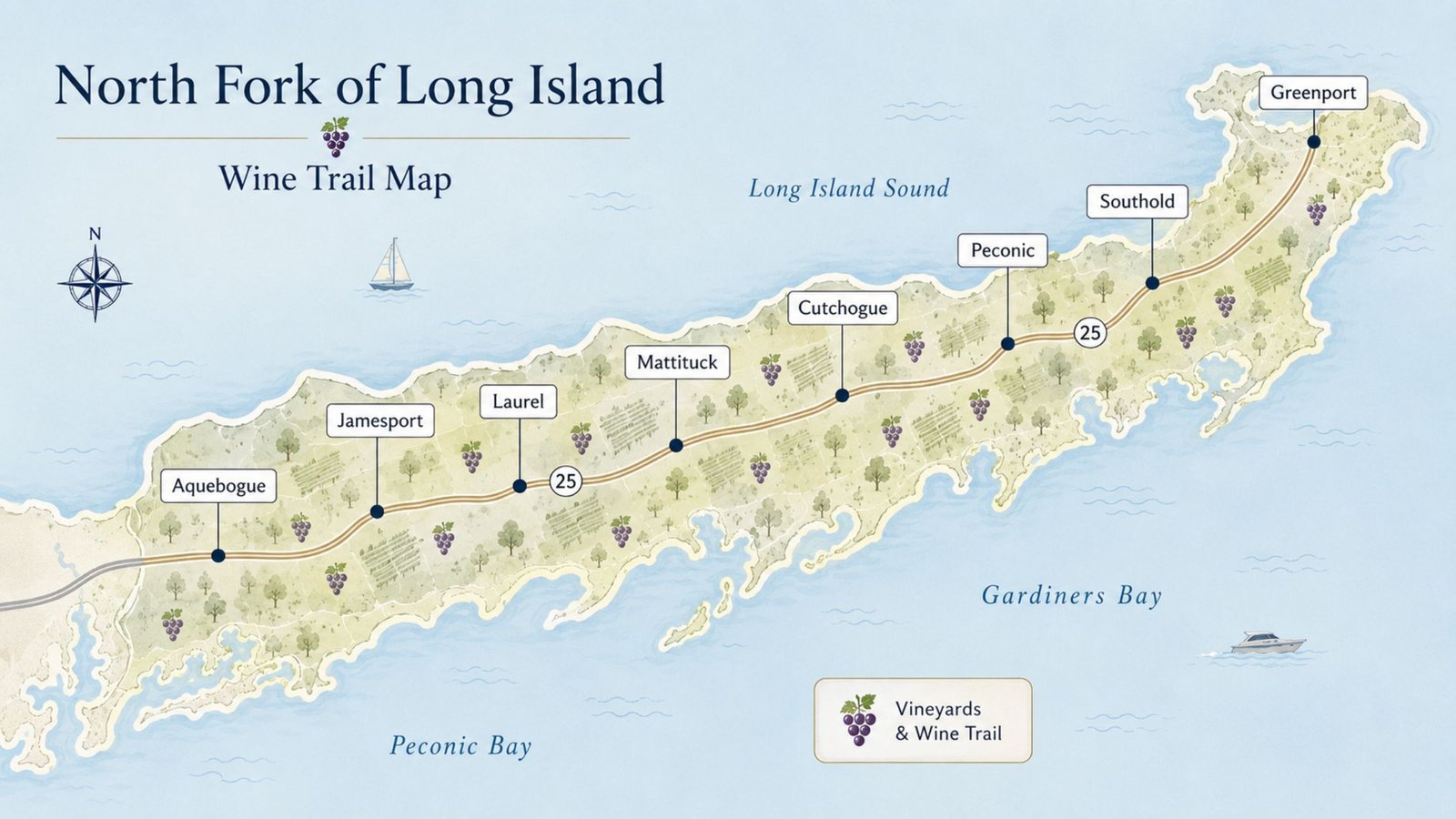 North Fork Wine Tour Limo: The Ultimate 2026 Long Island Vineyard Guide 3 Map graphic of the North Fork showing Route 25 and the eight towns