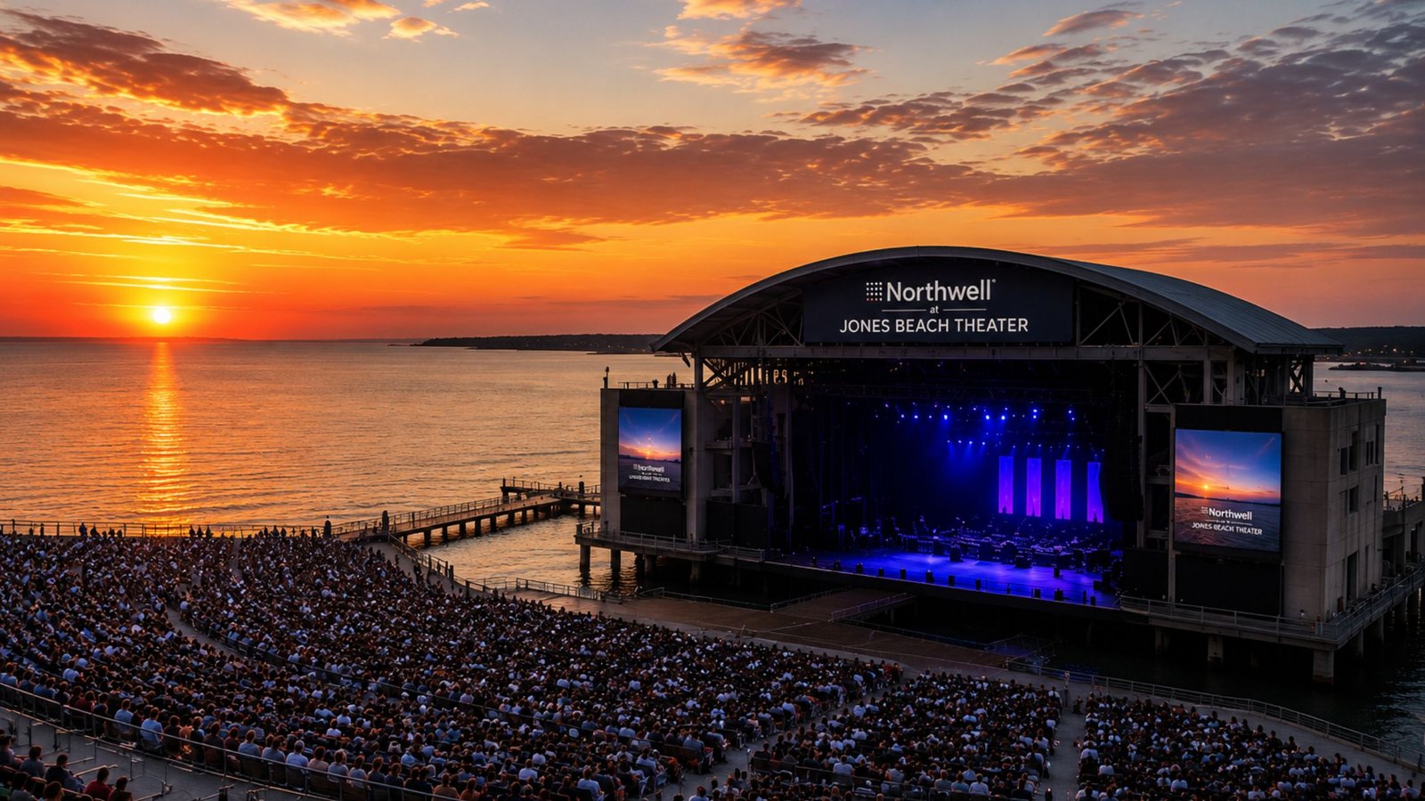 Jones Beach Concert Limo Service: Your Complete 2026 Northwell At Jones Beach Theater Guide 3 Northwell at Jones Beach Theater amphitheater over the water at sunset