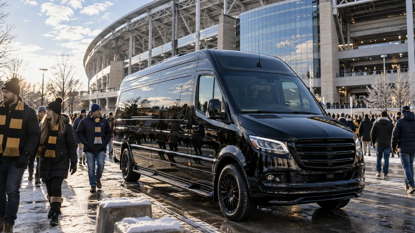 Army-Navy Game 2026 At Metlife Stadium: The Long Island Limo And Party Bus Guide 1 Black Mercedes Sprinter limo van parked outside a football stadium as fans arrive for the Army-Navy Game 2026