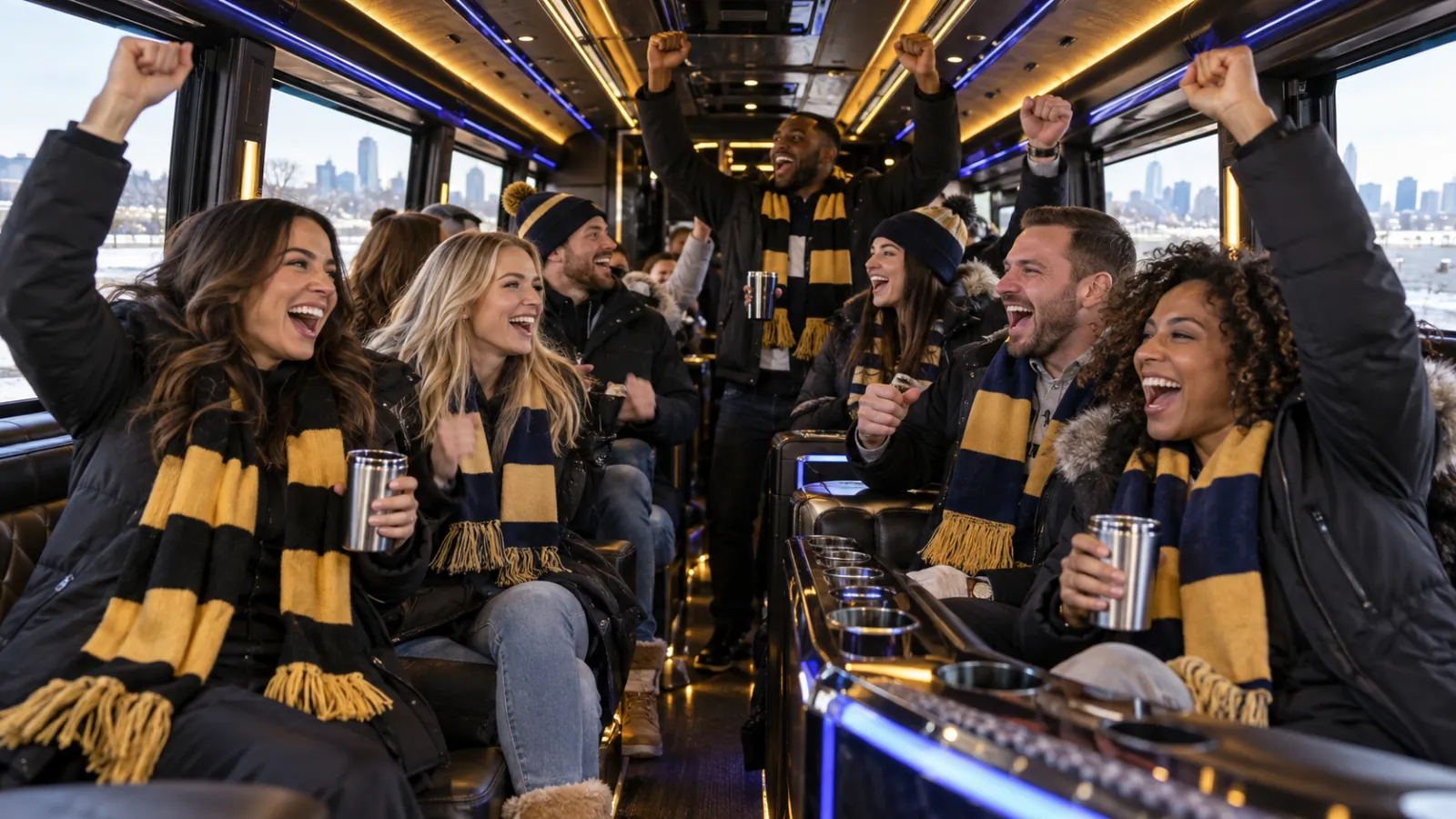 Army-Navy Game 2026 At Metlife Stadium: The Long Island Limo And Party Bus Guide 4 Fans in black-and-gold and navy-and-gold scarves celebrating on a party bus before the Army-Navy Game