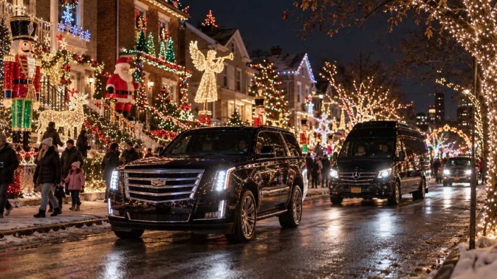Black SUV and Sprinter van on a Dyker Heights Brooklyn street lined with Christmas light displays