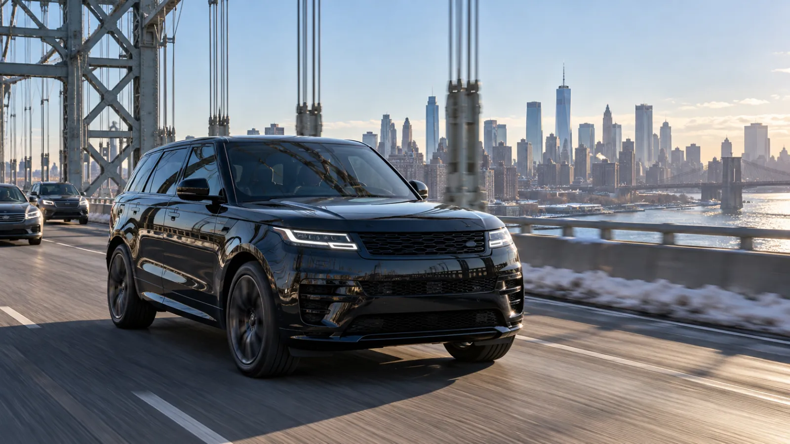 Army-Navy Game 2026 At Metlife Stadium: The Long Island Limo And Party Bus Guide 2 Black luxury SUV crossing a suspension bridge toward the New York skyline on the way to MetLife Stadium