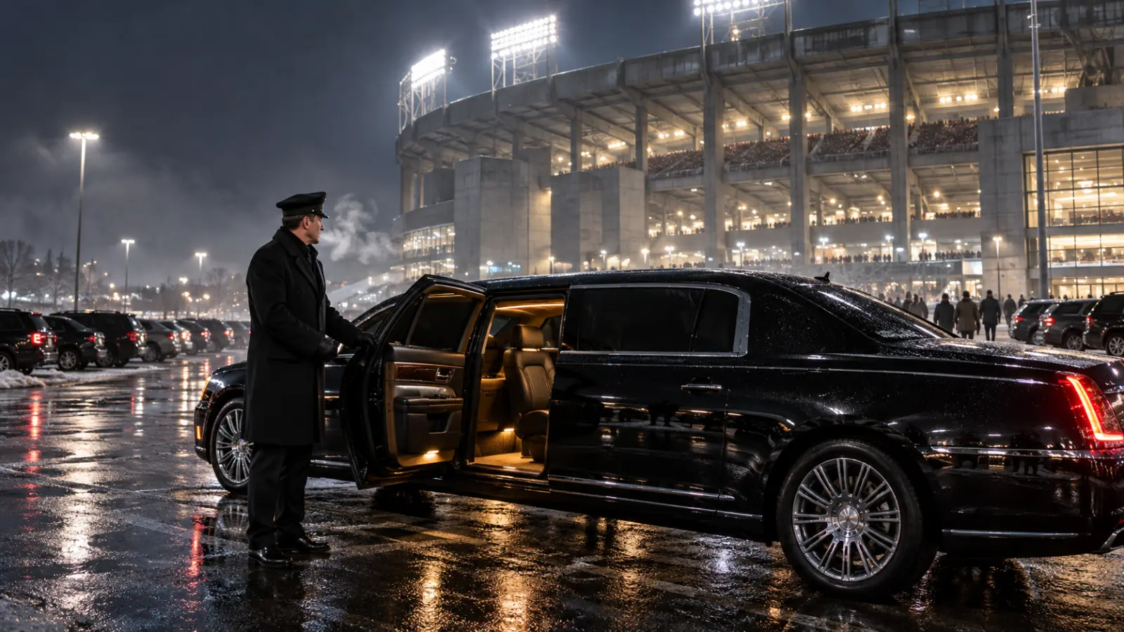 Army-Navy Game 2026 At Metlife Stadium: The Long Island Limo And Party Bus Guide 5 Chauffeur waiting beside a black limousine outside a lit stadium after the Army-Navy Game at night