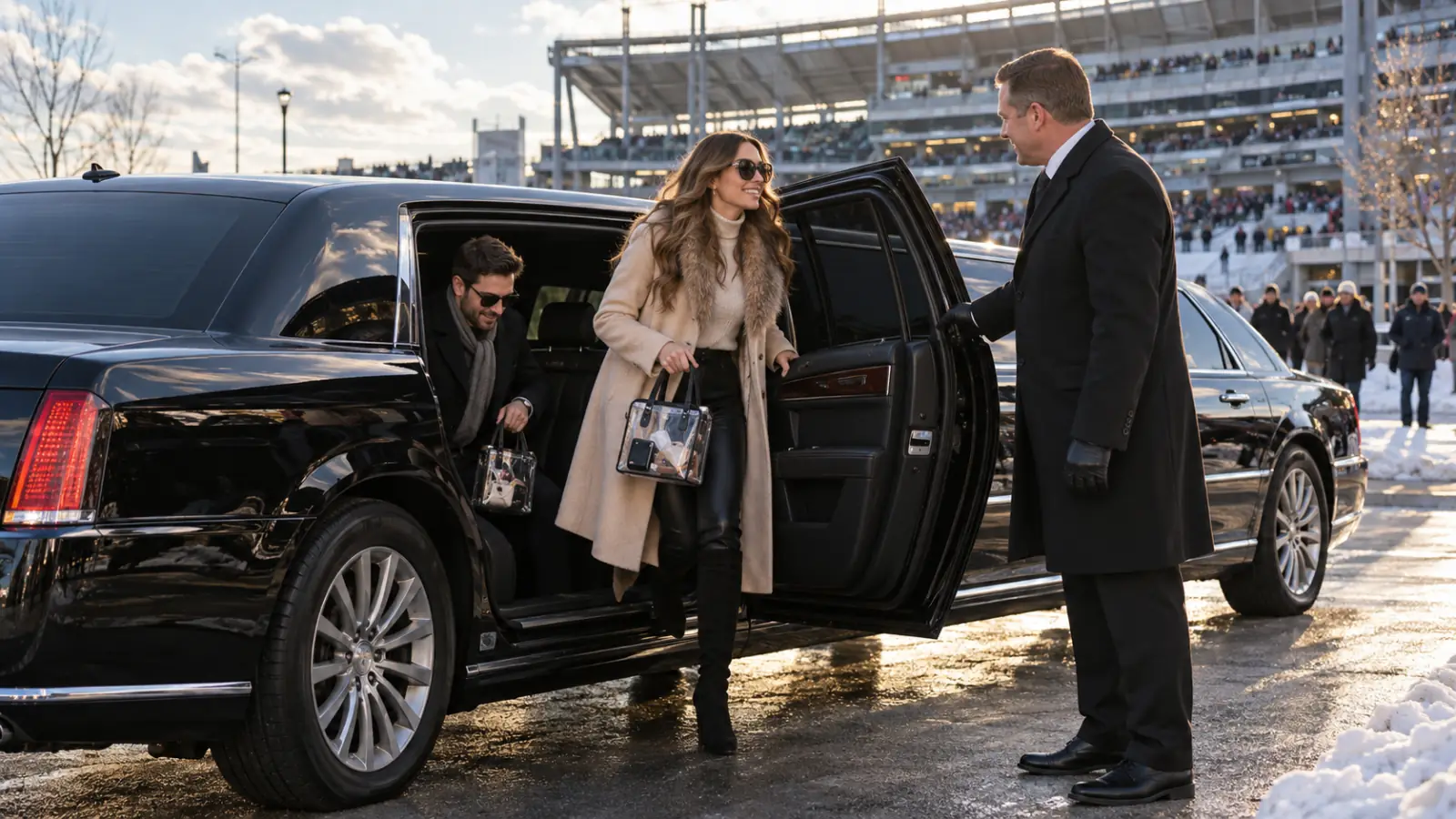 Army-Navy Game 2026 At Metlife Stadium: The Long Island Limo And Party Bus Guide 3 Chauffeur opening a black limousine door for guests with clear stadium bags at a stadium drop-off zone