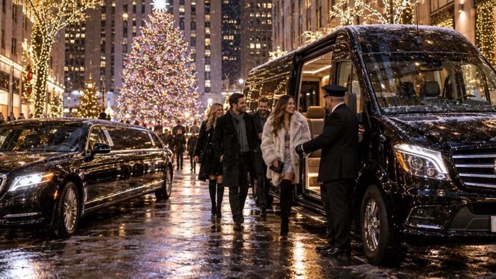 Black stretch limousine and Sprinter van at the Rockefeller Center Christmas tree in NYC