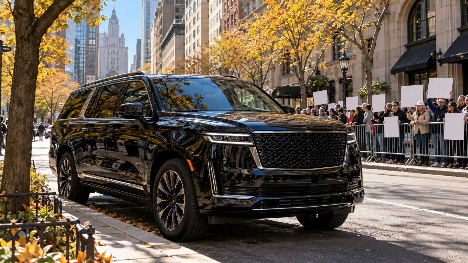 Nyc Marathon 2026 From Long Island: The Race-Day Car Service Guide For Spectators And Families 1 Black luxury SUV parked on a Manhattan avenue lined with NYC Marathon spectators on a sunny November morning