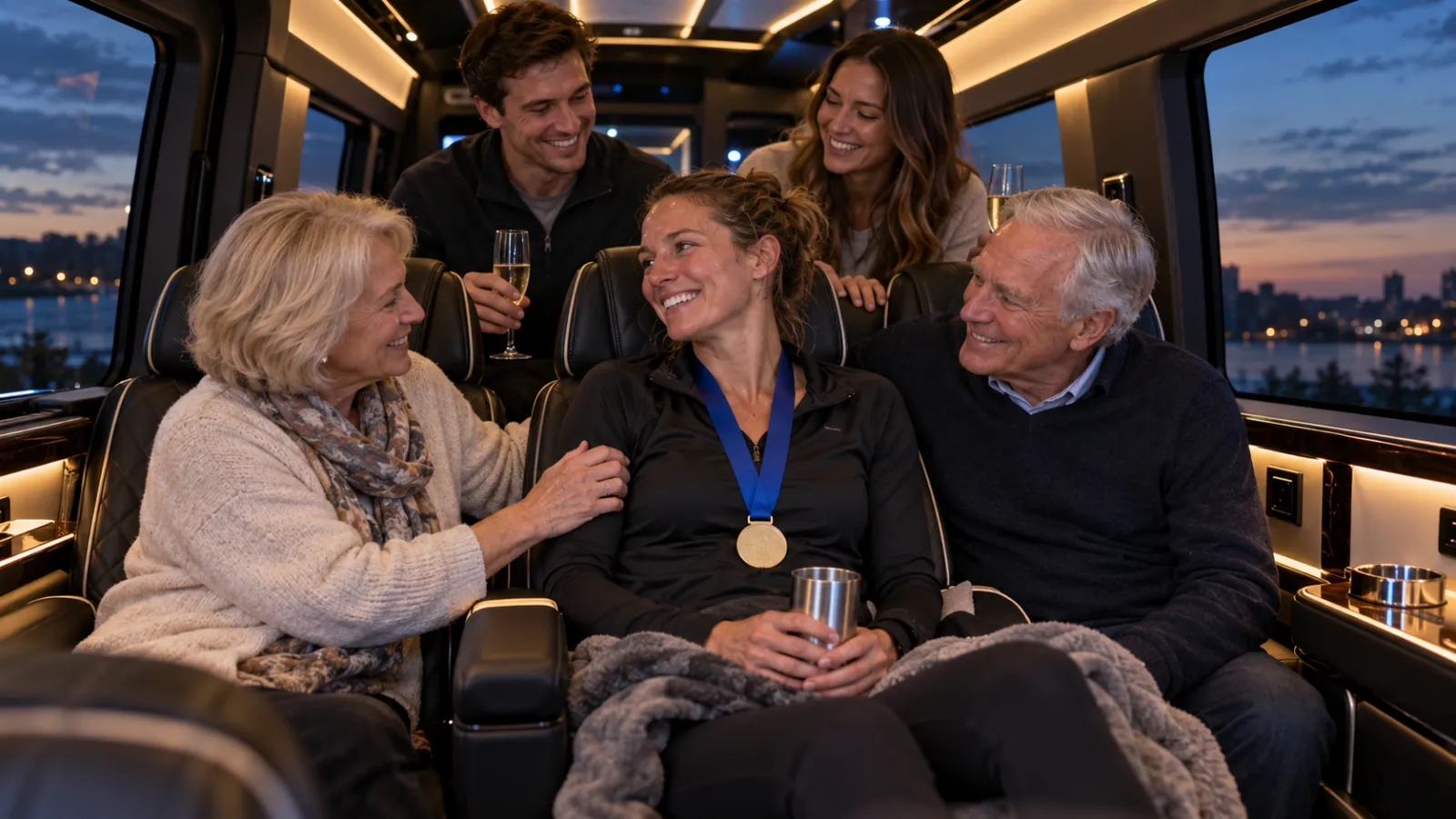 Nyc Marathon 2026 From Long Island: The Race-Day Car Service Guide For Spectators And Families 5 NYC Marathon finisher with a medal celebrating with family inside a Sprinter limo on the ride home