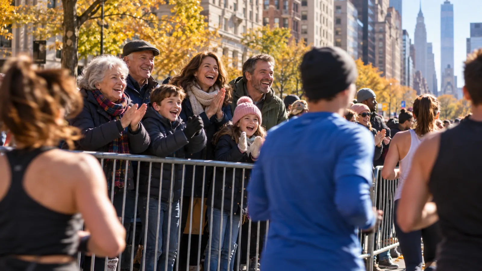 Nyc Marathon 2026 From Long Island: The Race-Day Car Service Guide For Spectators And Families 2 Long Island family cheering NYC Marathon runners from behind a barricade on a Manhattan avenue